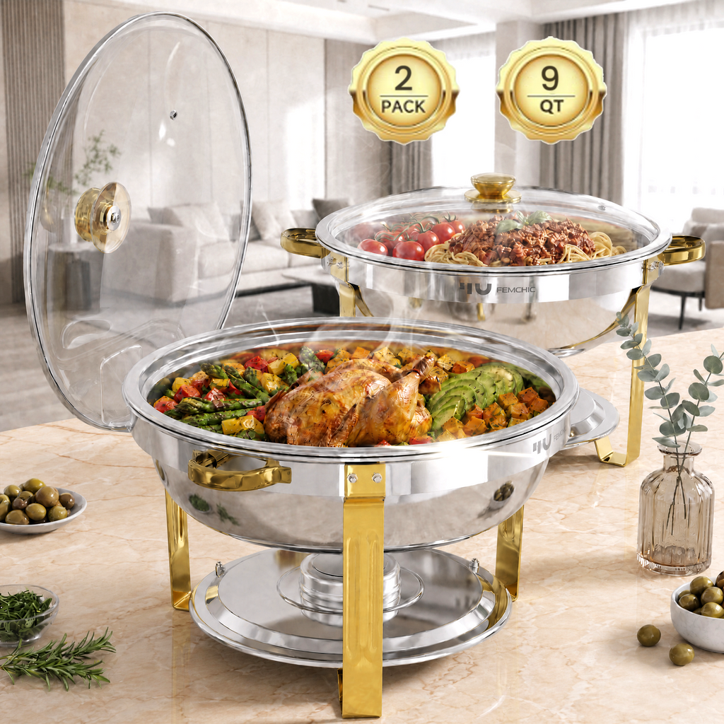 FEMCHIC 9QT Chafing Dish Buffet Set 2/4 Pack, Gold Stainless Steel Round Buffet Server Food Warmer w/ Glass Lid & Lid Holder for Parties Catering Events Weddings Banquets