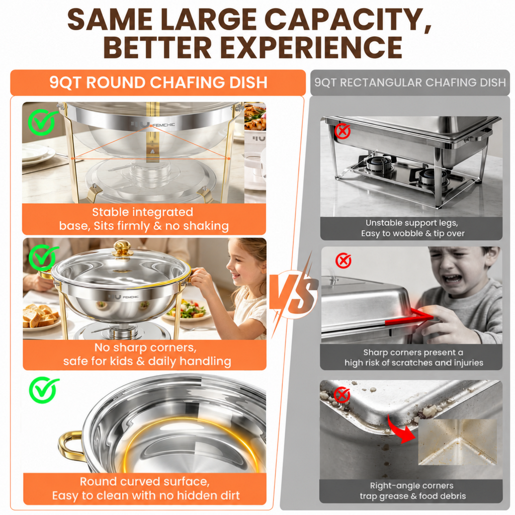 FEMCHIC 9QT Chafing Dish Buffet Set 2/4 Pack, Gold Stainless Steel Round Buffet Server Food Warmer w/ Glass Lid & Lid Holder for Parties Catering Events Weddings Banquets