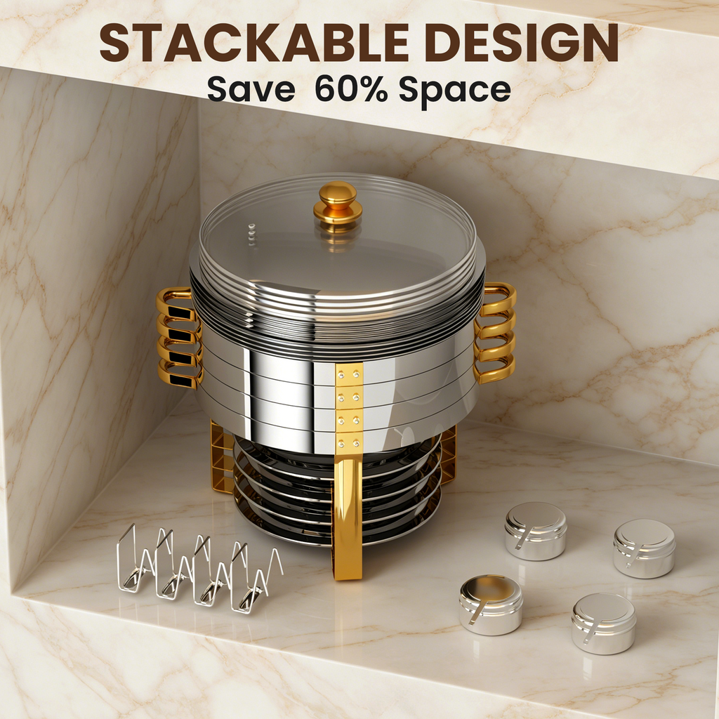 FEMCHIC 9QT Chafing Dish Buffet Set 2/4 Pack, Gold Stainless Steel Round Buffet Server Food Warmer w/ Glass Lid & Lid Holder for Parties Catering Events Weddings Banquets
