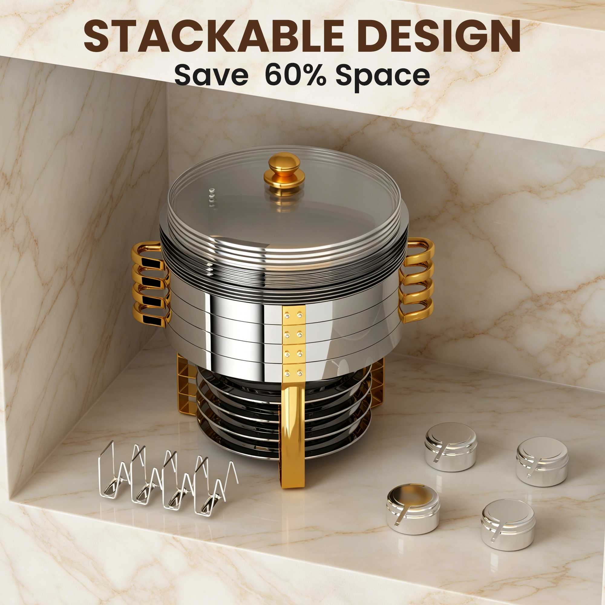 FEMCHIC 9QT Chafing Dish Buffet Set 2/4 Pack, Gold Stainless Steel Round Buffet Server Food Warmer w/ Glass Lid & Lid Holder for Parties Catering Events Weddings Banquets
