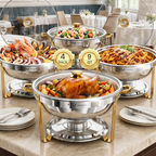 FEMCHIC 9QT Chafing Dish Buffet Set 2/4 Pack, Gold Stainless Steel Round Buffet Server Food Warmer w/ Glass Lid & Lid Holder for Parties Catering Events Weddings Banquets