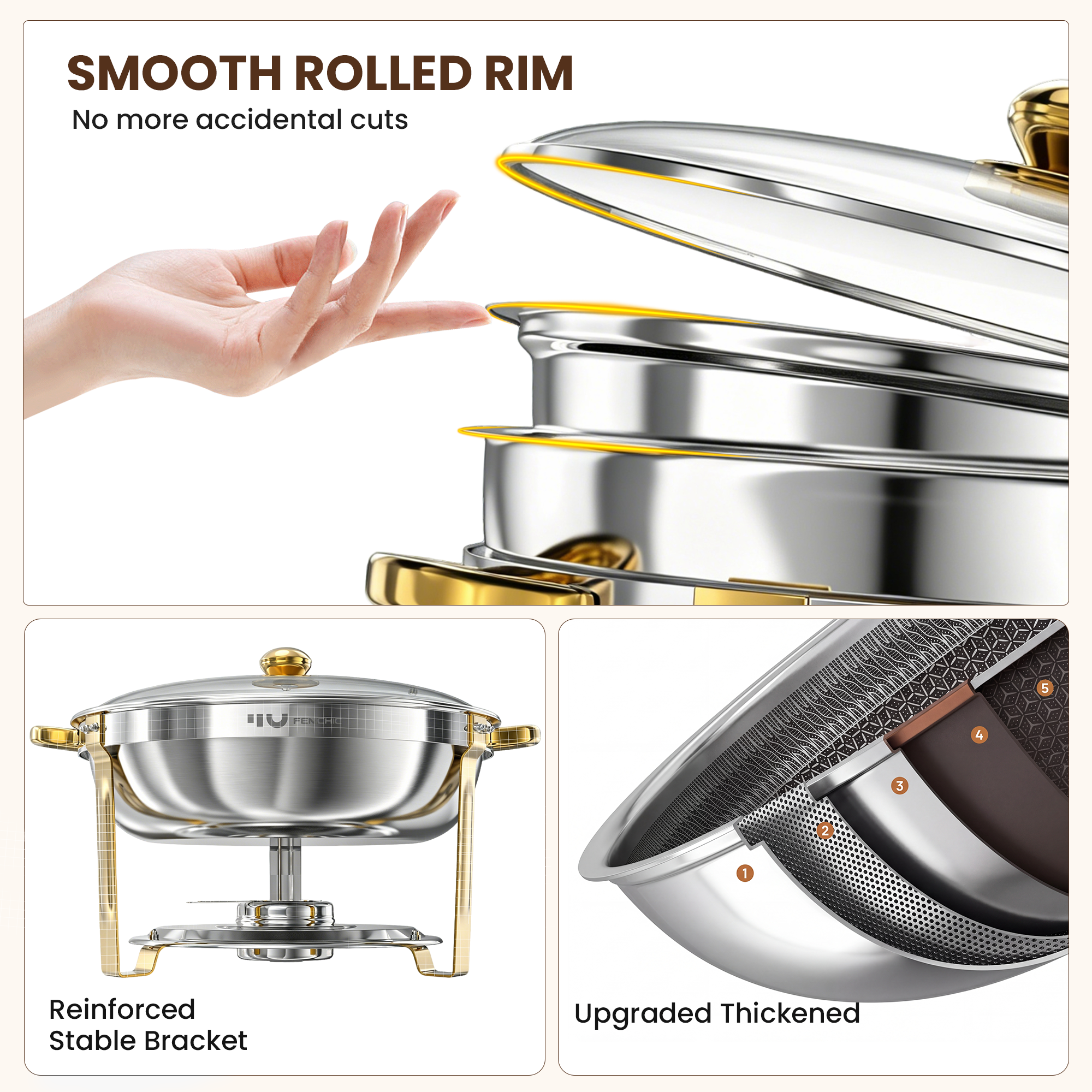 FEMCHIC 9QT Chafing Dish Buffet Set 2/4 Pack, Gold Stainless Steel Round Buffet Server Food Warmer w/ Glass Lid & Lid Holder for Parties Catering Events Weddings Banquets