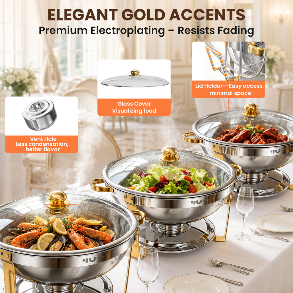 FEMCHIC 9QT Chafing Dish Buffet Set 2/4 Pack, Gold Stainless Steel Round Buffet Server Food Warmer w/ Glass Lid & Lid Holder for Parties Catering Events Weddings Banquets