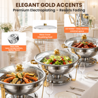 FEMCHIC 9QT Chafing Dish Buffet Set 2/4 Pack, Gold Stainless Steel Round Buffet Server Food Warmer w/ Glass Lid & Lid Holder for Parties Catering Events Weddings Banquets