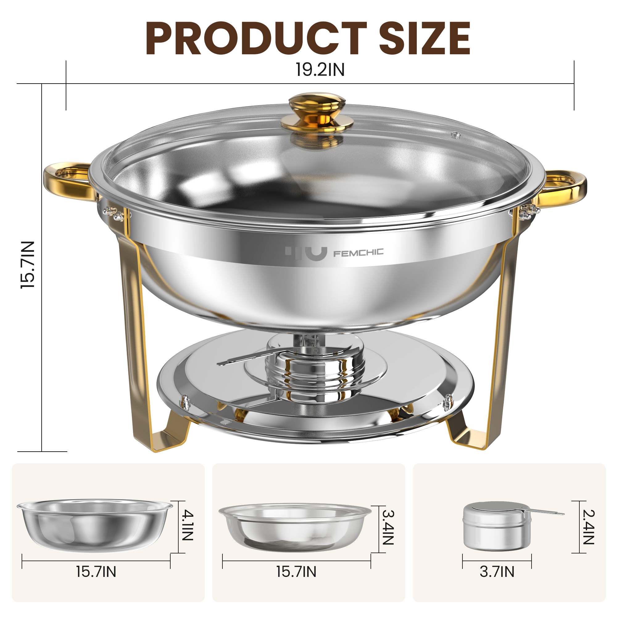 FEMCHIC 9QT Chafing Dish Buffet Set 2/4 Pack, Gold Stainless Steel Round Buffet Server Food Warmer w/ Glass Lid & Lid Holder for Parties Catering Events Weddings Banquets