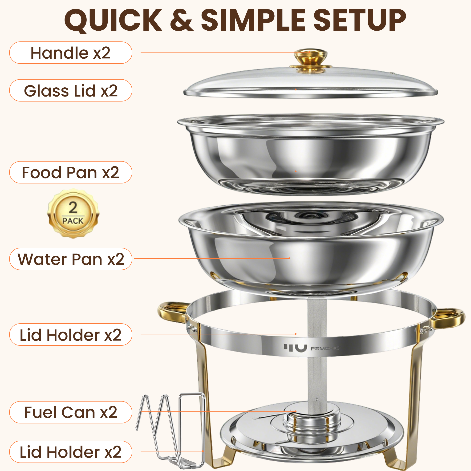 FEMCHIC 9QT Chafing Dish Buffet Set 2/4 Pack, Gold Stainless Steel Round Buffet Server Food Warmer w/ Glass Lid & Lid Holder for Parties Catering Events Weddings Banquets