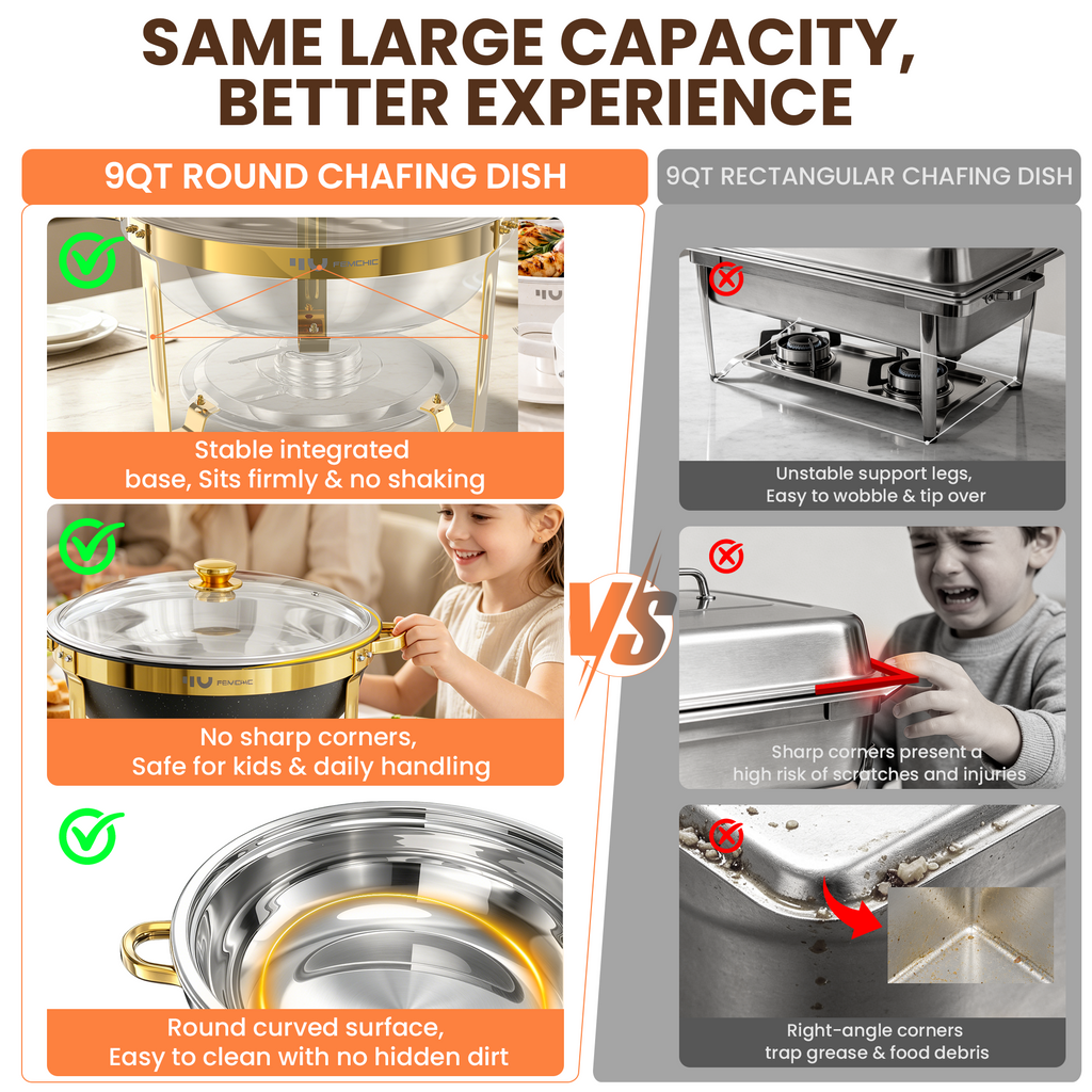 FEMCHIC 9QT Chafing Dish Buffet Set 2/4 Pack, Black Gold Stainless Steel Round Buffet Server Food Warmer w/ Glass Lid & Lid Holder for Parties Catering Events Weddings Banquets