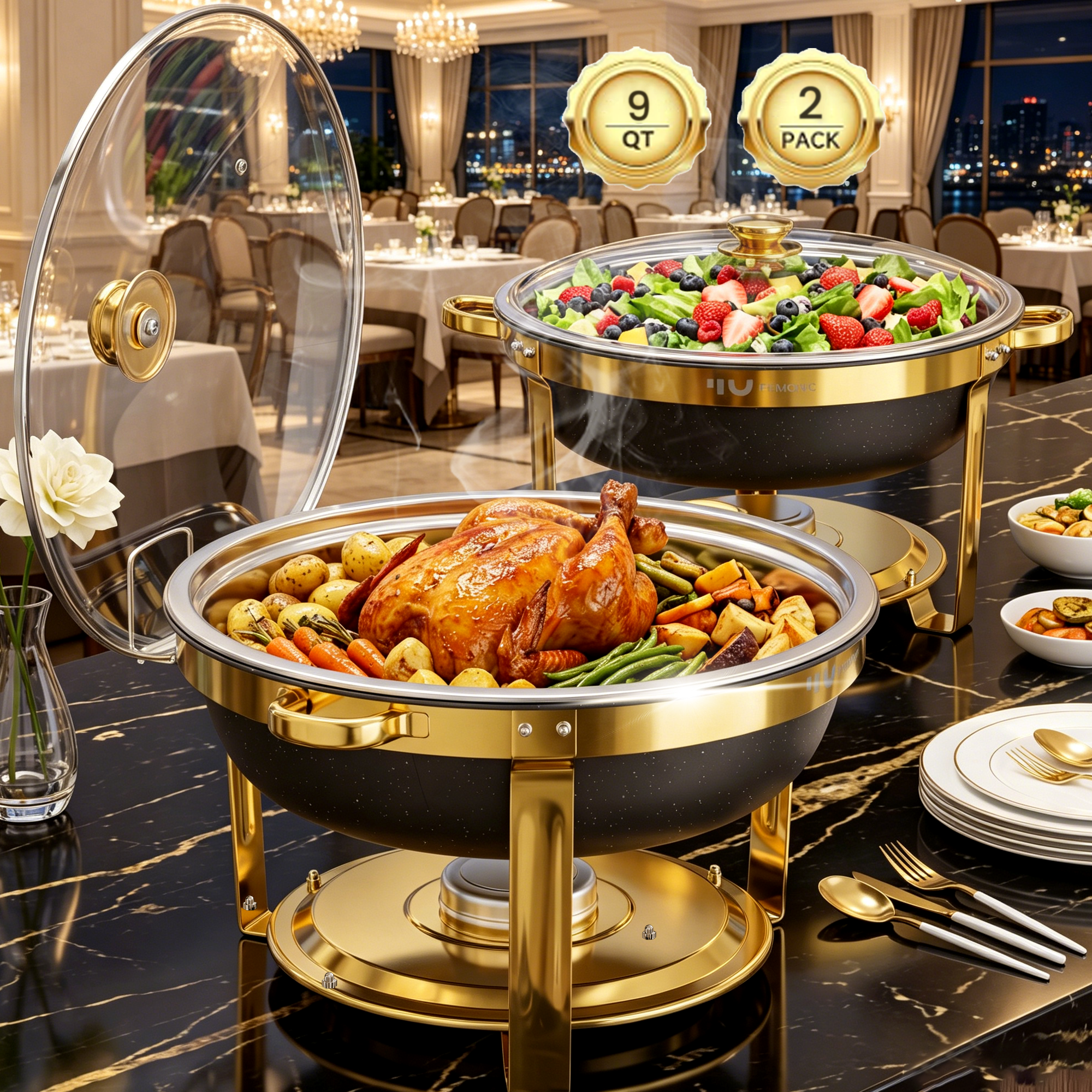 FEMCHIC 9QT Chafing Dish Buffet Set 2/4 Pack, Black Gold Stainless Steel Round Buffet Server Food Warmer w/ Glass Lid & Lid Holder for Parties Catering Events Weddings Banquets