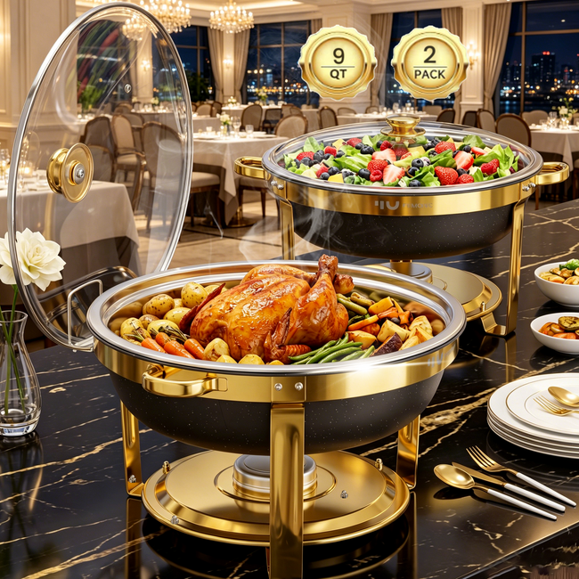 FEMCHIC 9QT Chafing Dish Buffet Set 2/4 Pack, Black Gold Stainless Steel Round Buffet Server Food Warmer w/ Glass Lid & Lid Holder for Parties Catering Events Weddings Banquets Hover Image
