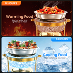 FEMCHIC 9QT Chafing Dish Buffet Set 2/4 Pack, Black Gold Stainless Steel Round Buffet Server Food Warmer w/ Glass Lid & Lid Holder for Parties Catering Events Weddings Banquets