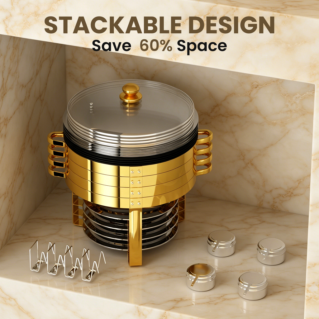 FEMCHIC 9QT Chafing Dish Buffet Set 2/4 Pack, Black Gold Stainless Steel Round Buffet Server Food Warmer w/ Glass Lid & Lid Holder for Parties Catering Events Weddings Banquets