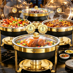 FEMCHIC 9QT Chafing Dish Buffet Set 2/4 Pack, Black Gold Stainless Steel Round Buffet Server Food Warmer w/ Glass Lid & Lid Holder for Parties Catering Events Weddings Banquets