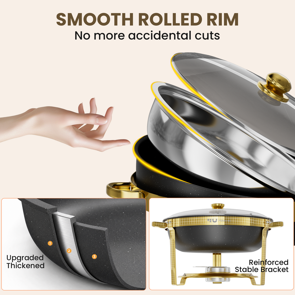 FEMCHIC 9QT Chafing Dish Buffet Set 2/4 Pack, Black Gold Stainless Steel Round Buffet Server Food Warmer w/ Glass Lid & Lid Holder for Parties Catering Events Weddings Banquets