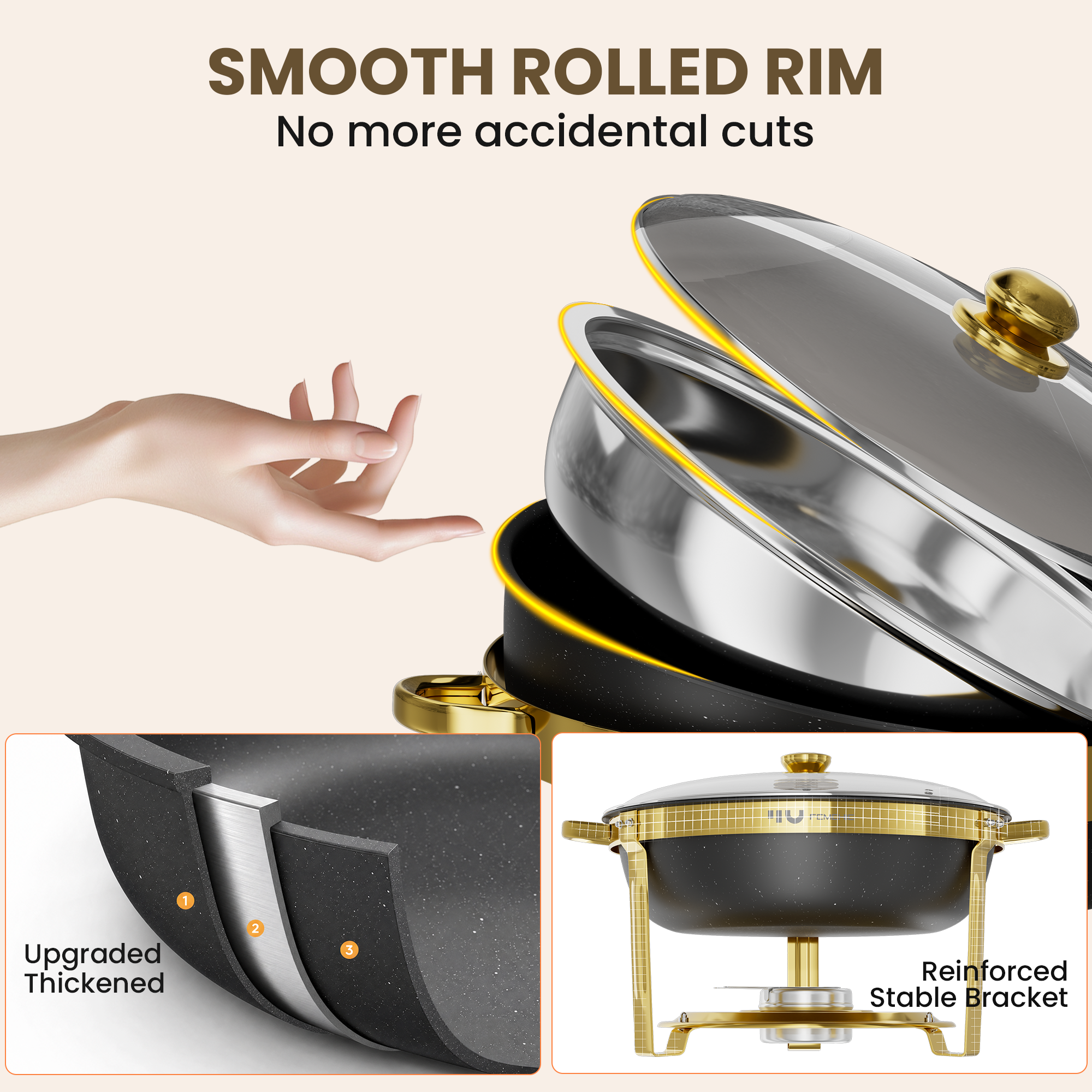 FEMCHIC 9QT Chafing Dish Buffet Set 2/4 Pack, Black Gold Stainless Steel Round Buffet Server Food Warmer w/ Glass Lid & Lid Holder for Parties Catering Events Weddings Banquets