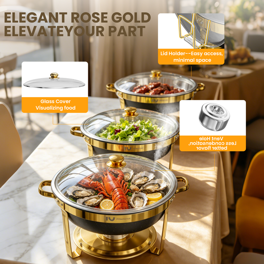 FEMCHIC 9QT Chafing Dish Buffet Set 2/4 Pack, Black Gold Stainless Steel Round Buffet Server Food Warmer w/ Glass Lid & Lid Holder for Parties Catering Events Weddings Banquets