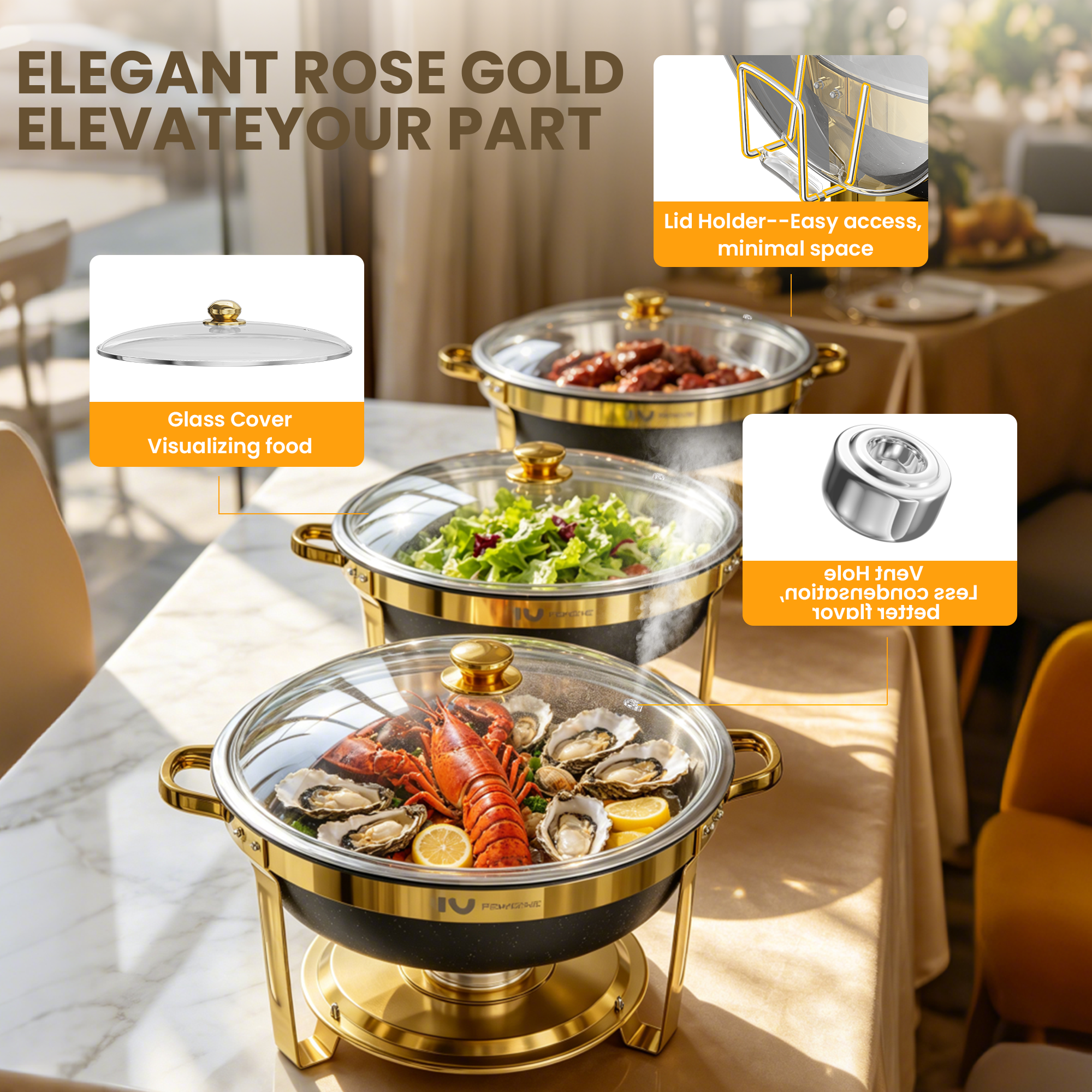 FEMCHIC 9QT Chafing Dish Buffet Set 2/4 Pack, Black Gold Stainless Steel Round Buffet Server Food Warmer w/ Glass Lid & Lid Holder for Parties Catering Events Weddings Banquets