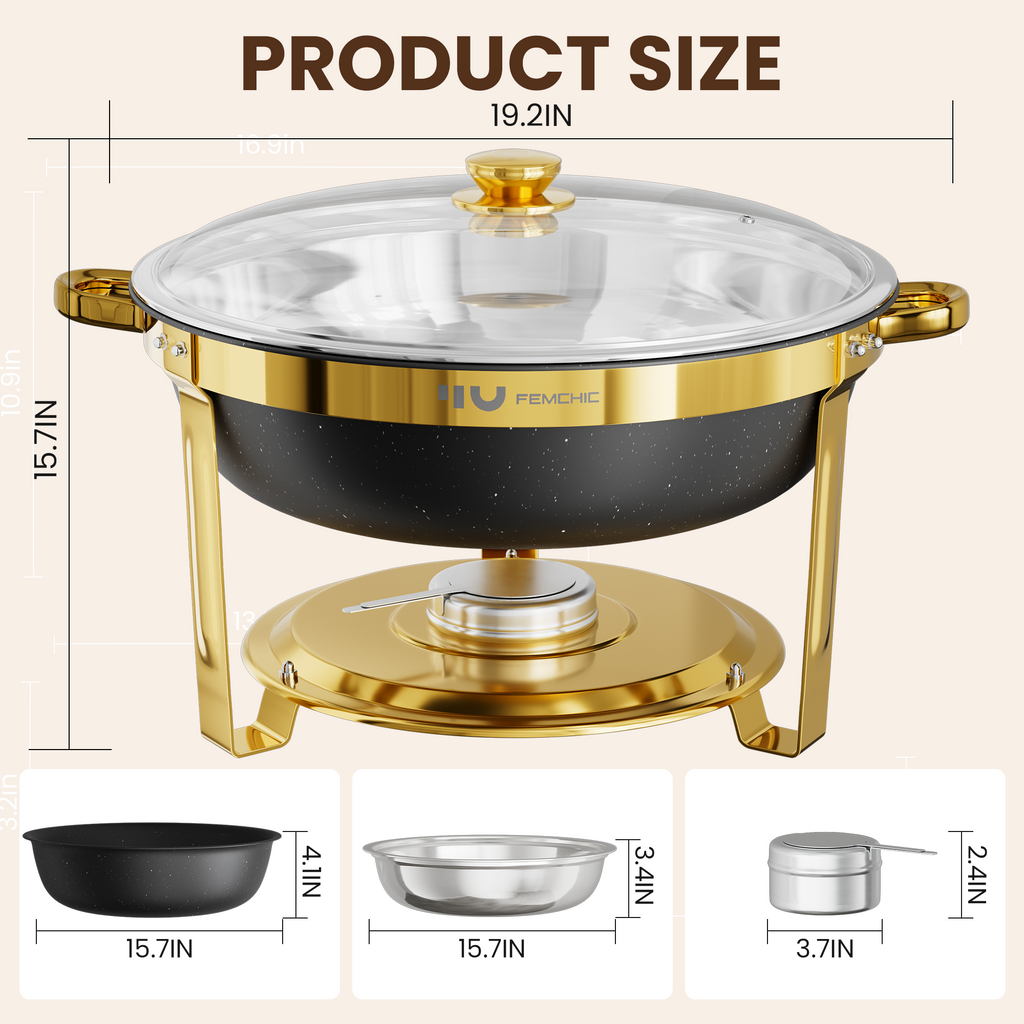 FEMCHIC 9QT Chafing Dish Buffet Set 2/4 Pack, Black Gold Stainless Steel Round Buffet Server Food Warmer w/ Glass Lid & Lid Holder for Parties Catering Events Weddings Banquets