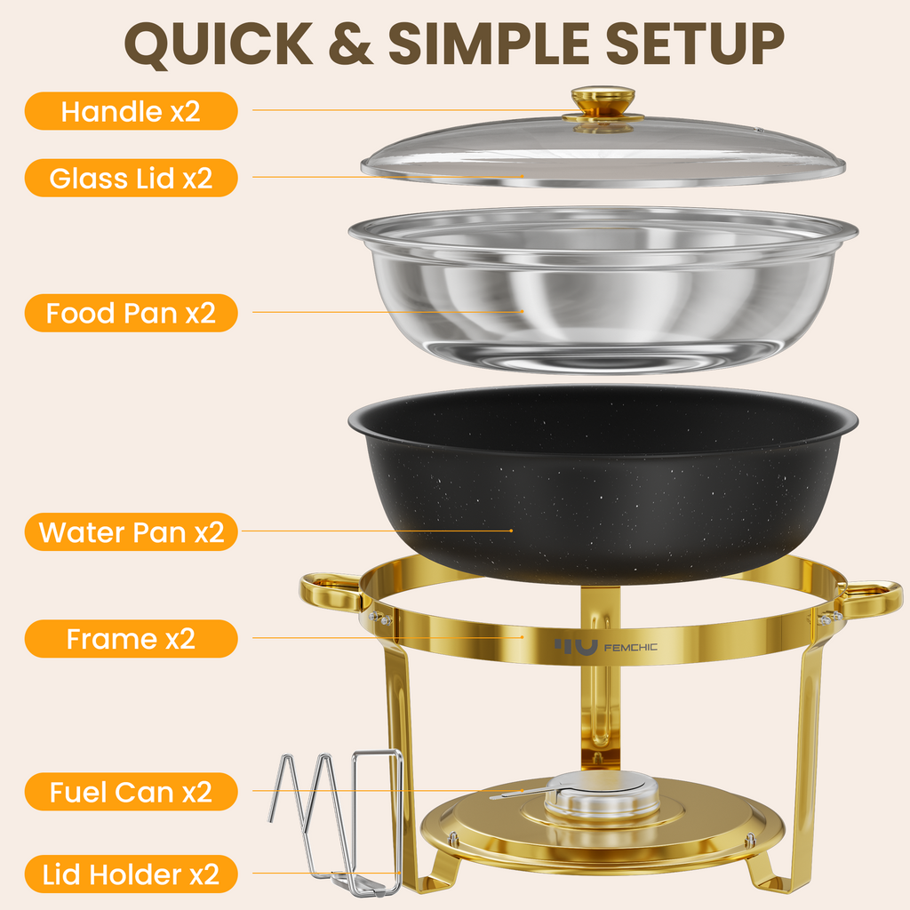 FEMCHIC 9QT Chafing Dish Buffet Set 2/4 Pack, Black Gold Stainless Steel Round Buffet Server Food Warmer w/ Glass Lid & Lid Holder for Parties Catering Events Weddings Banquets