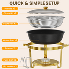 FEMCHIC 9QT Chafing Dish Buffet Set 2/4 Pack, Black Gold Stainless Steel Round Buffet Server Food Warmer w/ Glass Lid & Lid Holder for Parties Catering Events Weddings Banquets
