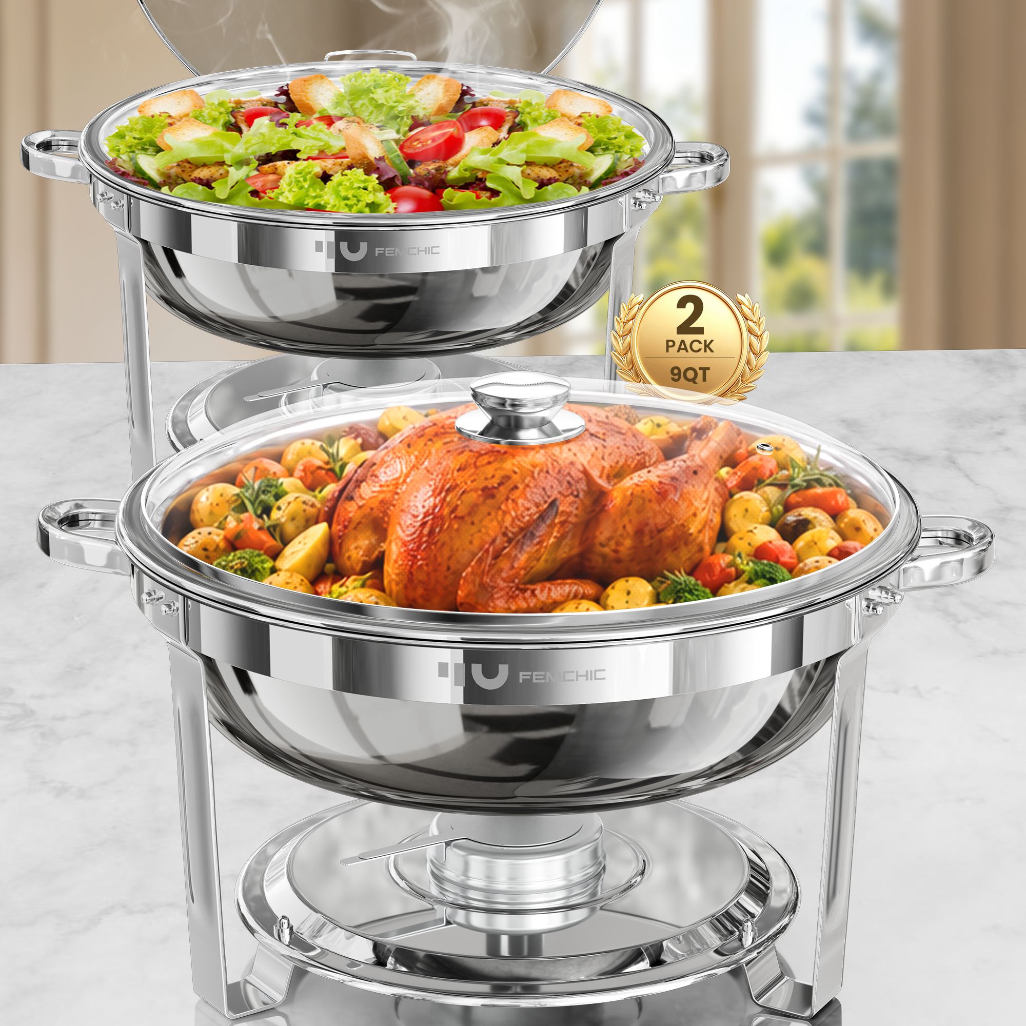FEMCHIC 9QT Silver Chafing Dishes for Buffet 2/4 Pack, Chafing Dish Buffet Set Stainless Steel, Round Chafing Dishes with Glass Lid & Lid Holder, Smooth Mirror Polish for Party Events Wedding