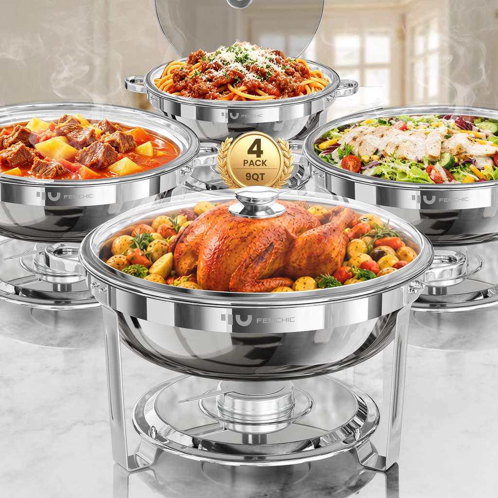FEMCHIC 9QT Silver Chafing Dishes for Buffet 2/4 Pack, Chafing Dish Buffet Set Stainless Steel, Round Chafing Dishes with Glass Lid & Lid Holder, Smooth Mirror Polish for Party Events Wedding