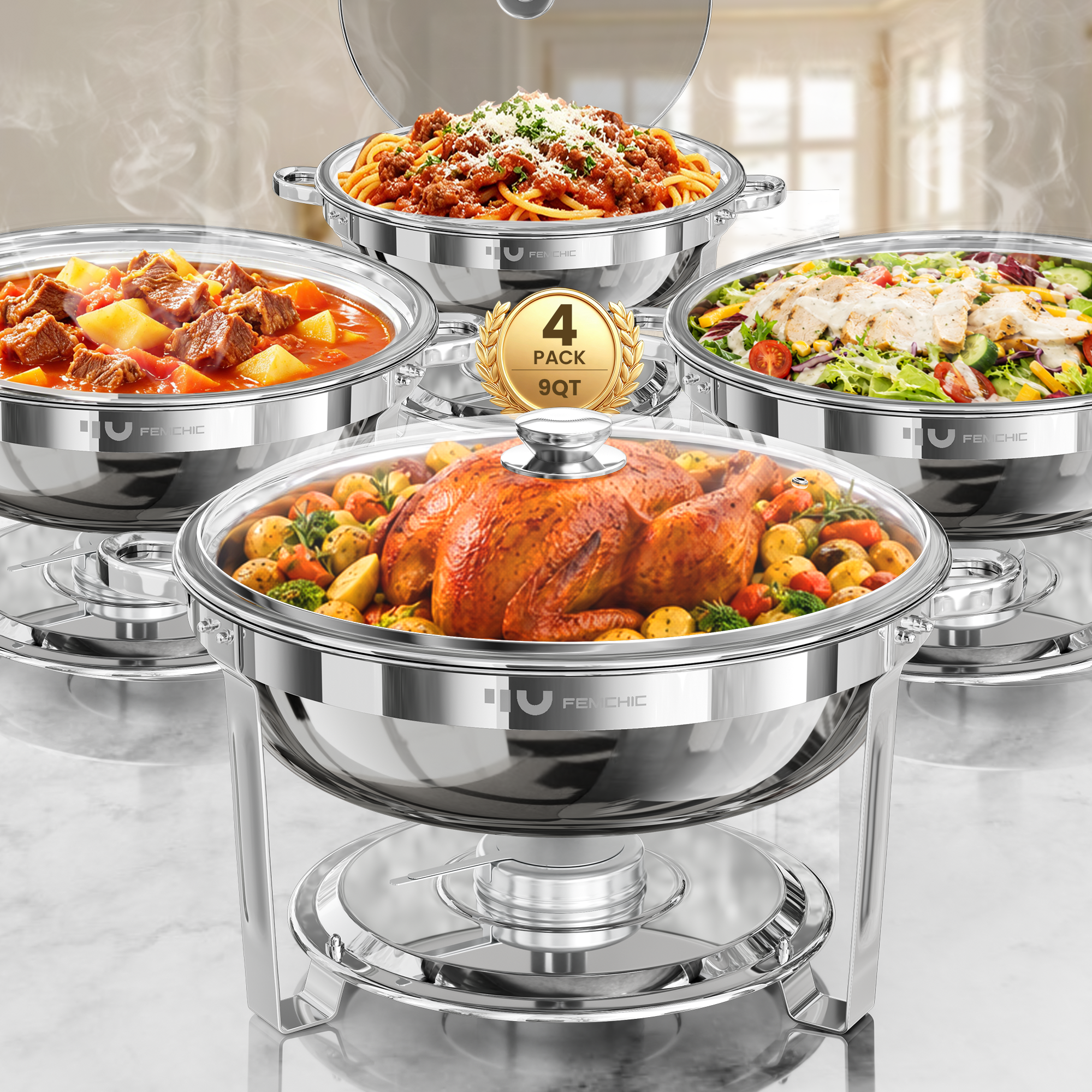 FEMCHIC 9QT Silver Chafing Dishes for Buffet 2/4 Pack, Chafing Dish Buffet Set Stainless Steel, Round Chafing Dishes with Glass Lid & Lid Holder, Smooth Mirror Polish for Party Events Wedding