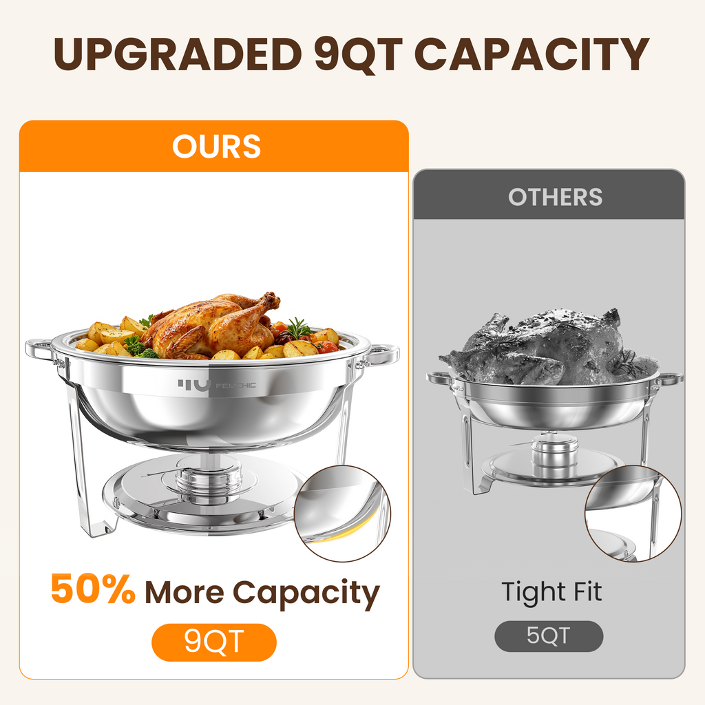 FEMCHIC 9QT Silver Chafing Dishes for Buffet 2/4 Pack, Chafing Dish Buffet Set Stainless Steel, Round Chafing Dishes with Glass Lid & Lid Holder, Smooth Mirror Polish for Party Events Wedding