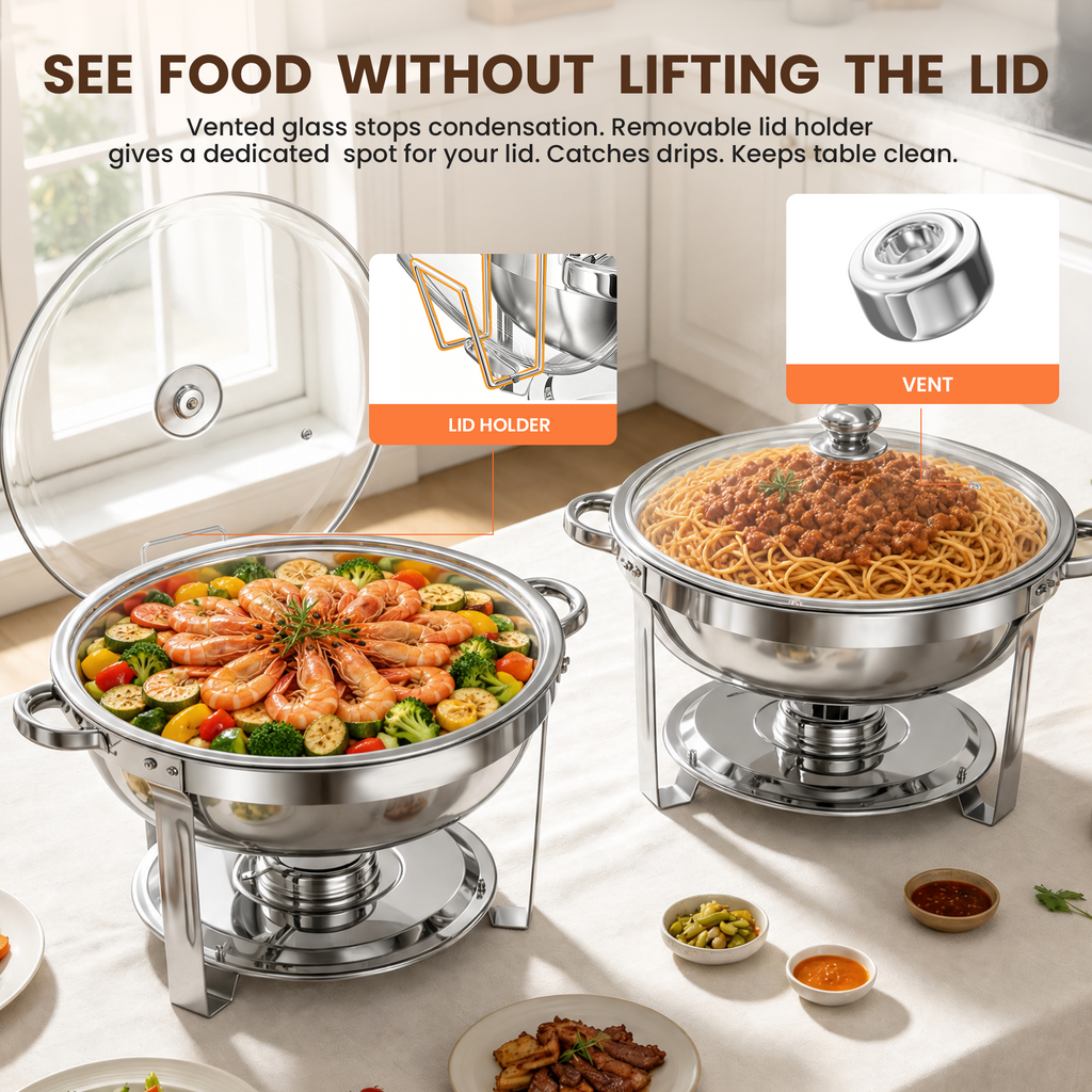 FEMCHIC 9QT Silver Chafing Dishes for Buffet 2/4 Pack, Chafing Dish Buffet Set Stainless Steel, Round Chafing Dishes with Glass Lid & Lid Holder, Smooth Mirror Polish for Party Events Wedding