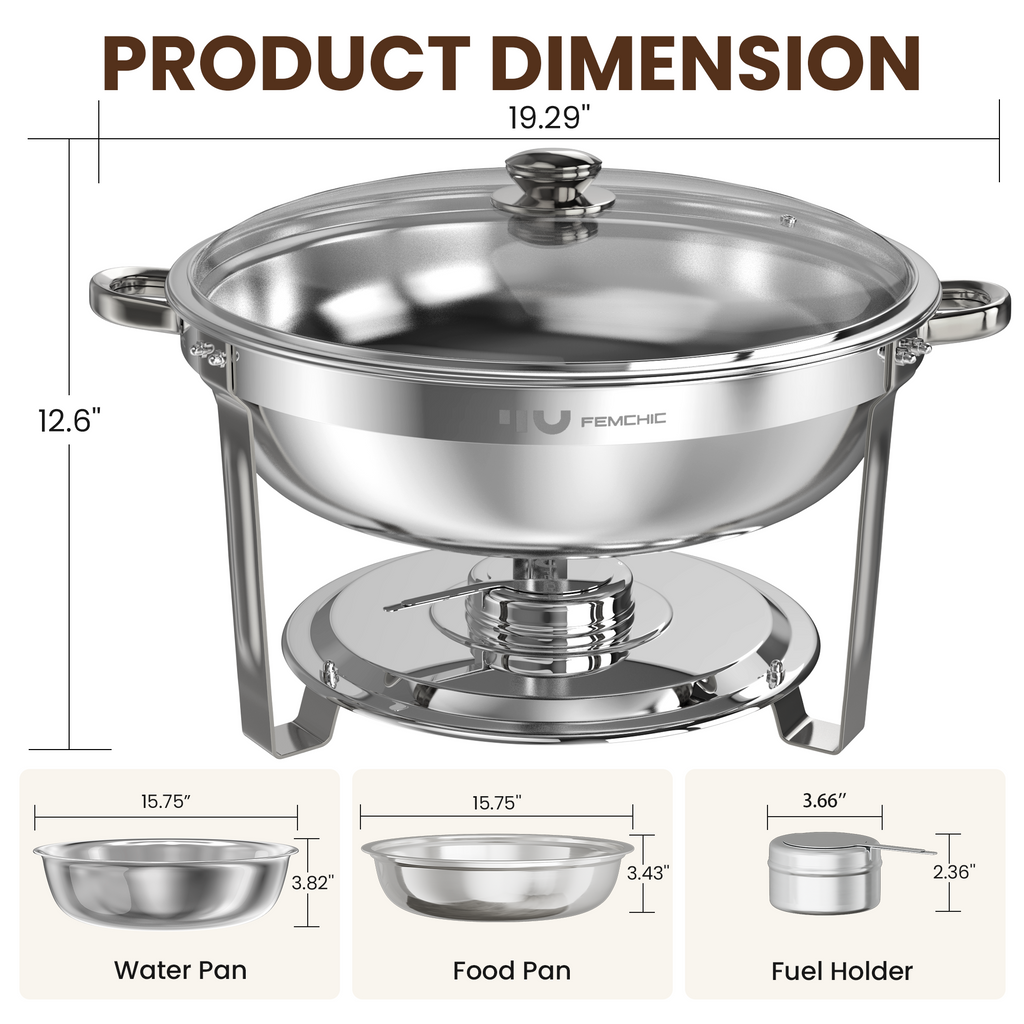 FEMCHIC 9QT Silver Chafing Dishes for Buffet 2/4 Pack, Chafing Dish Buffet Set Stainless Steel, Round Chafing Dishes with Glass Lid & Lid Holder, Smooth Mirror Polish for Party Events Wedding