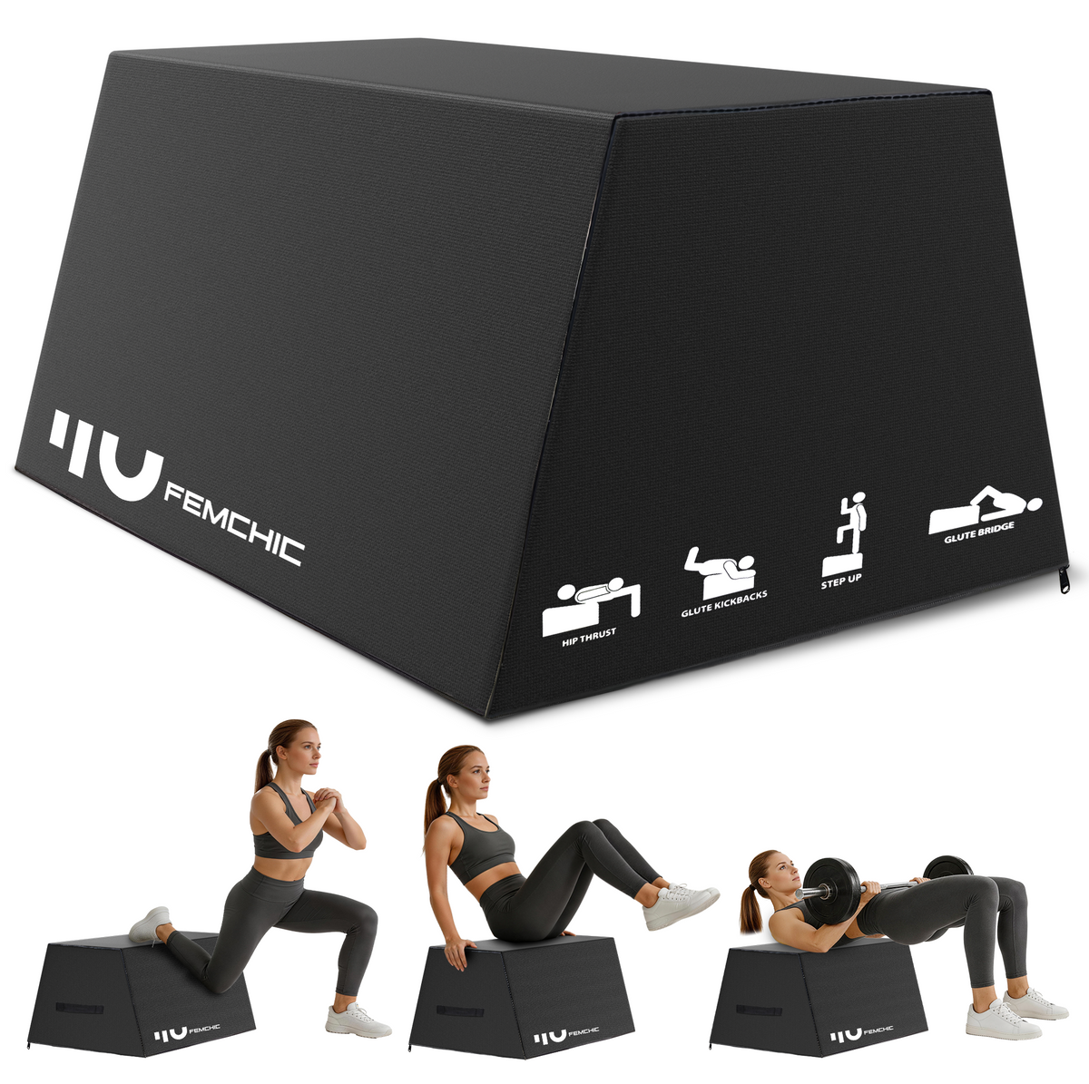 FEMCHIC Hip Thrust Bench 700LB, Multi-Functional Total Body Workout Box for Home Gym, Glute Bridge, Core & Ab Strength Training, Foam Plyometric Jump Box