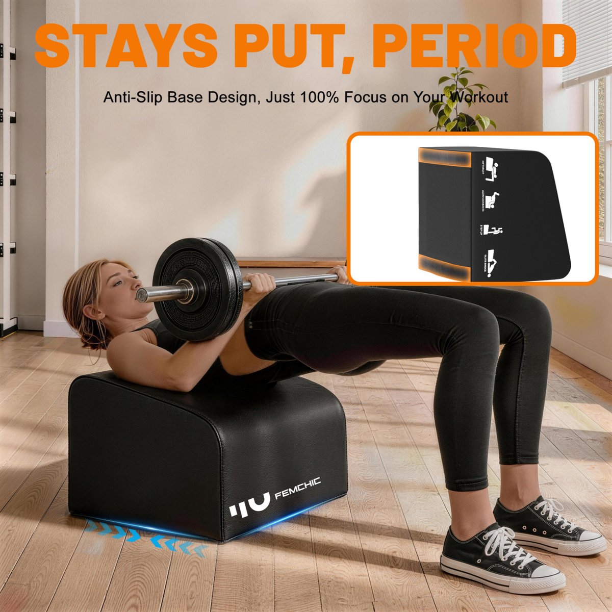 FEMCHIC Hip Thrust Bench 700LB, Multi-Functional Total Body Workout Box for Home Gym, Glute Bridge, Core & Ab Strength Training, Foam Plyometric Jump Box