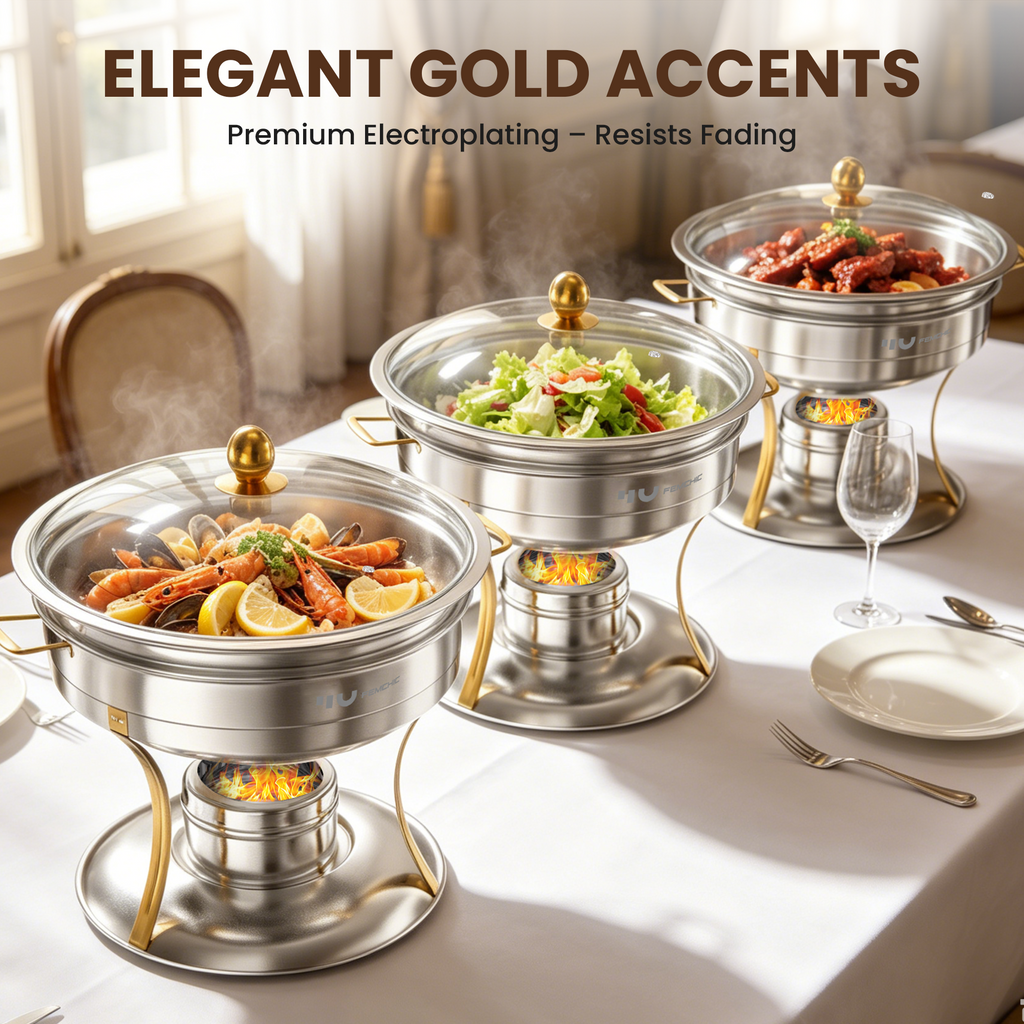 FEMCHIC 1QT Gold Chafing Dishes for Buffet 4 Pack, Mini Chafing Dish Buffet Set Stainless Steel, Round Chafing Dishes with Glass Lid & Lid Holder, Smooth Mirror Polish for Party Events Wedding